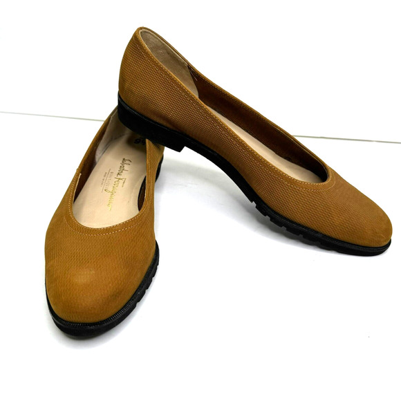 Salvatore Ferragamo Shoes - Salvatore Ferragamo Flat Womens 9.5 3A Brown Embossed Leather Slip On Almond Toe